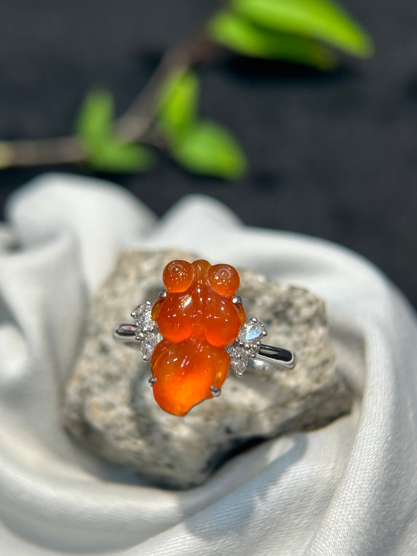 Highly Translucent Red Jade Goldfish Ring (R128)