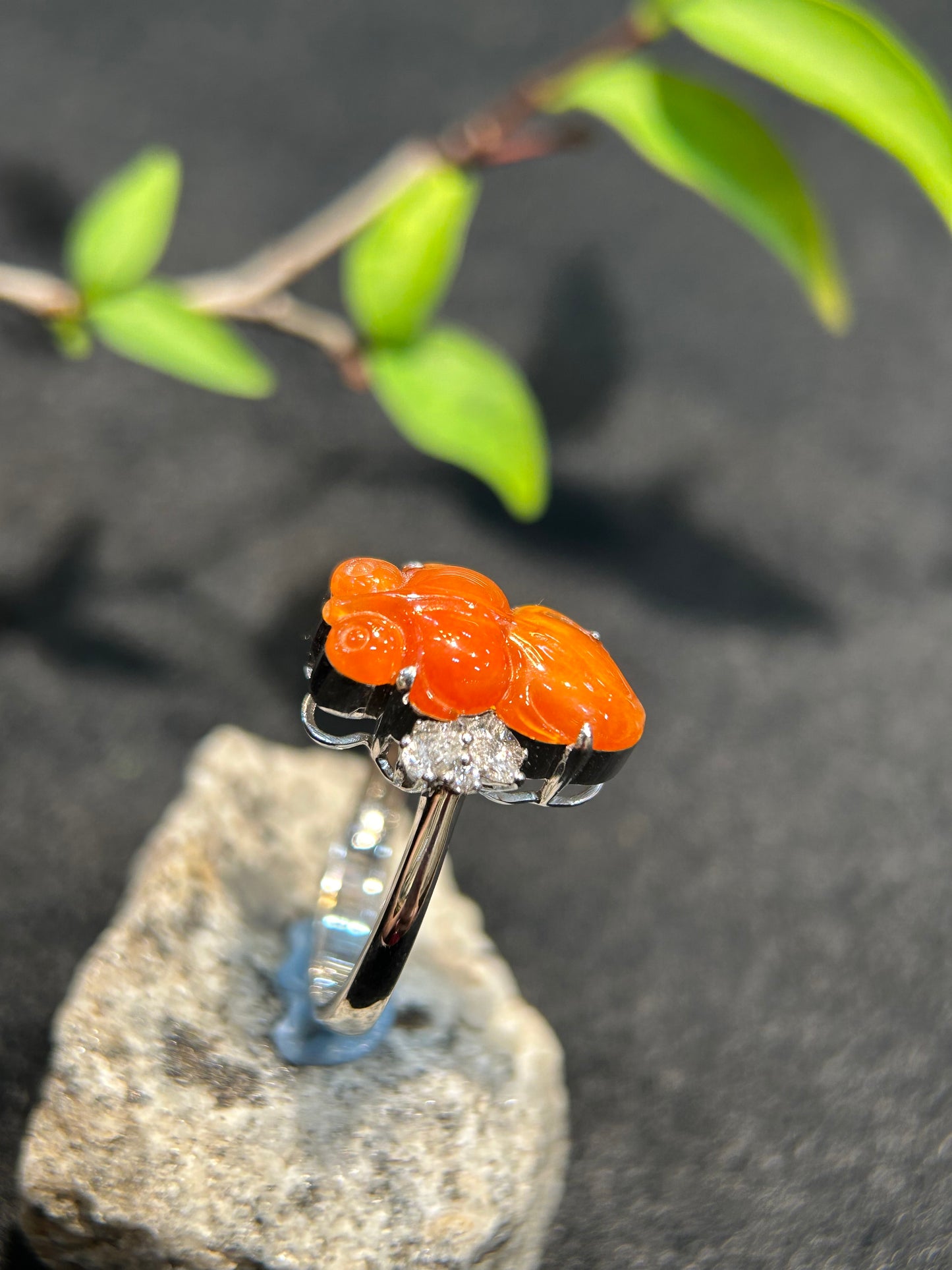 Highly Translucent Red Jade Goldfish Ring (R128)