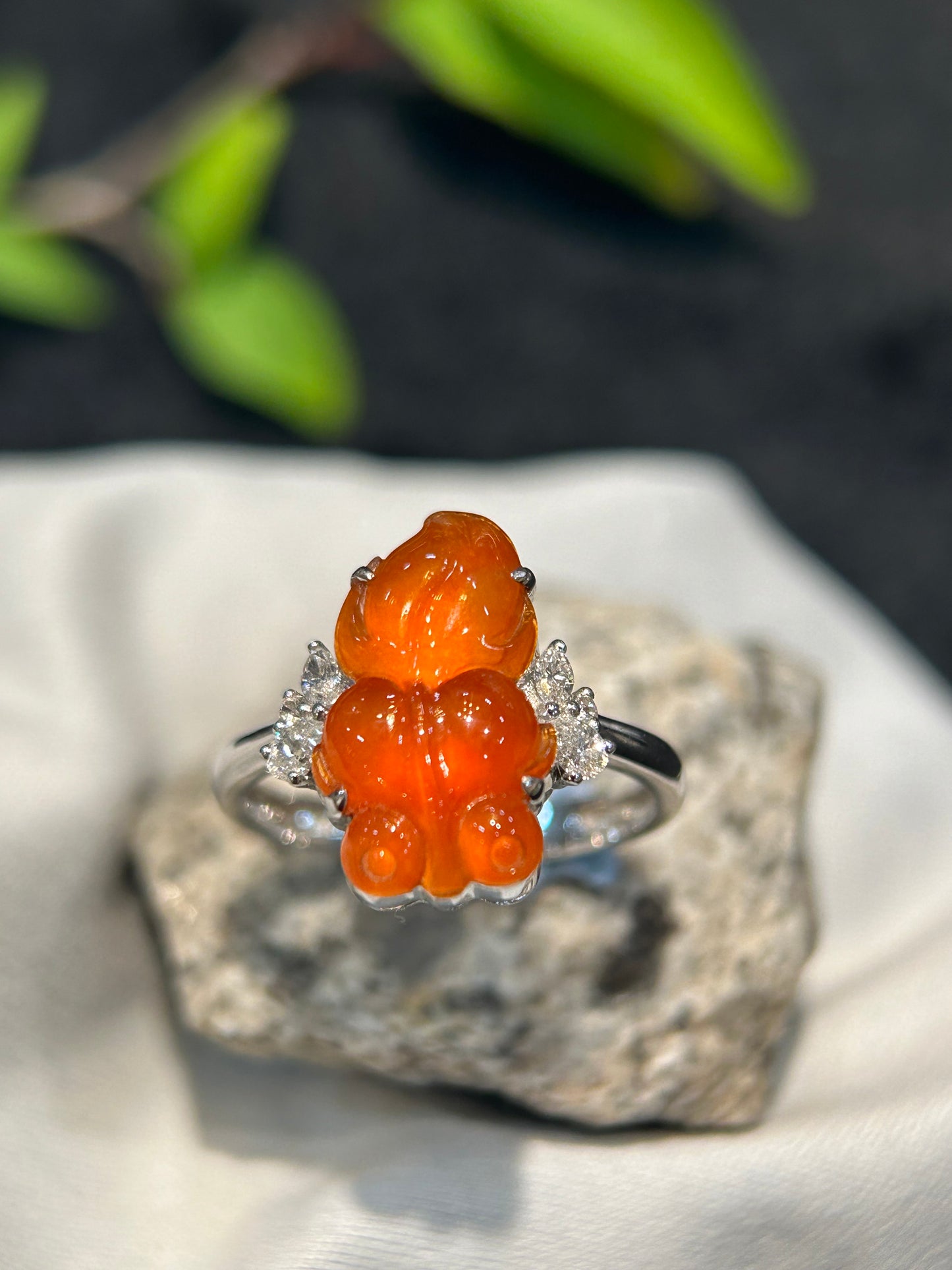 Highly Translucent Red Jade Goldfish Ring (R128)