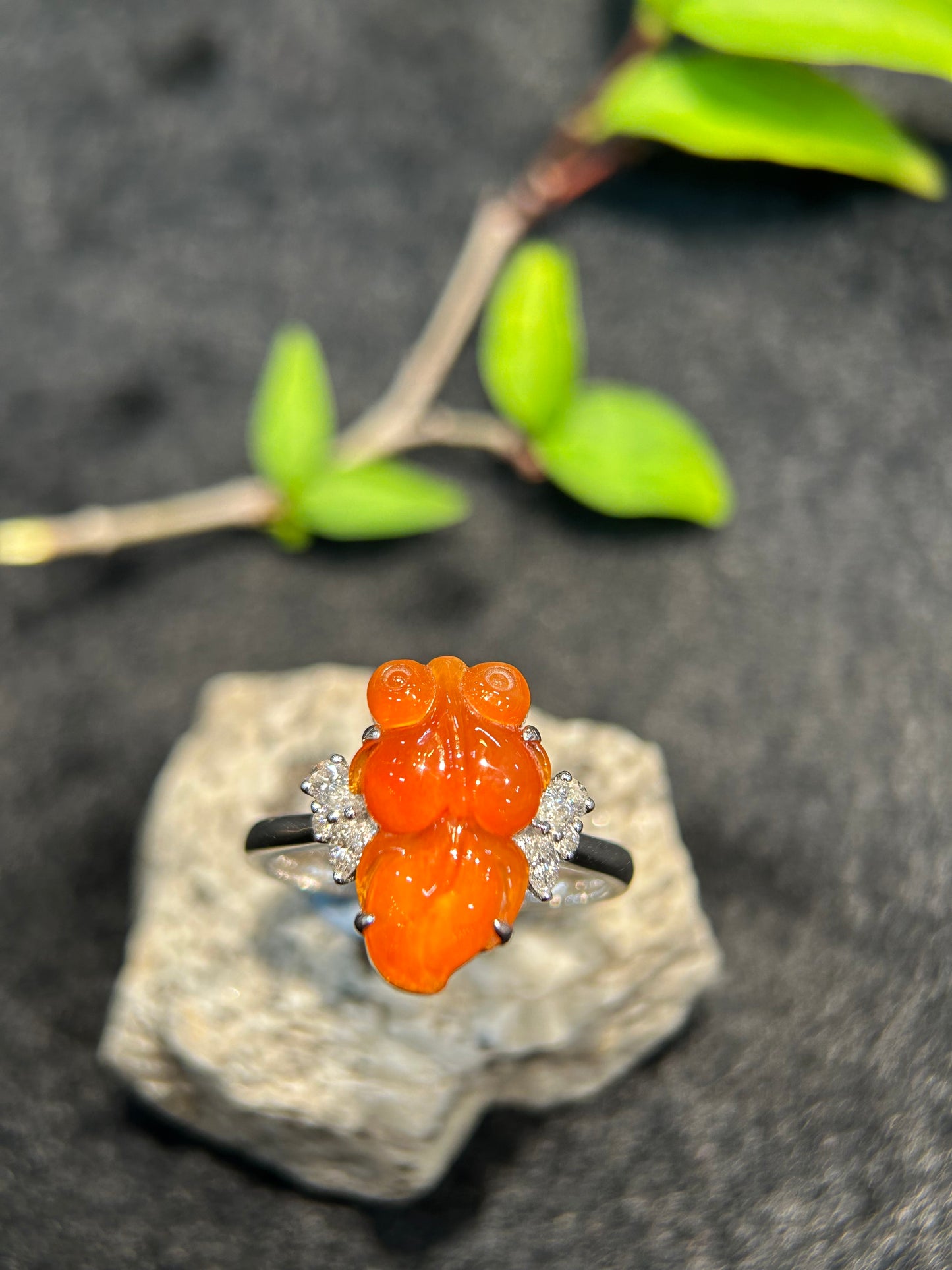 Highly Translucent Red Jade Goldfish Ring (R128)