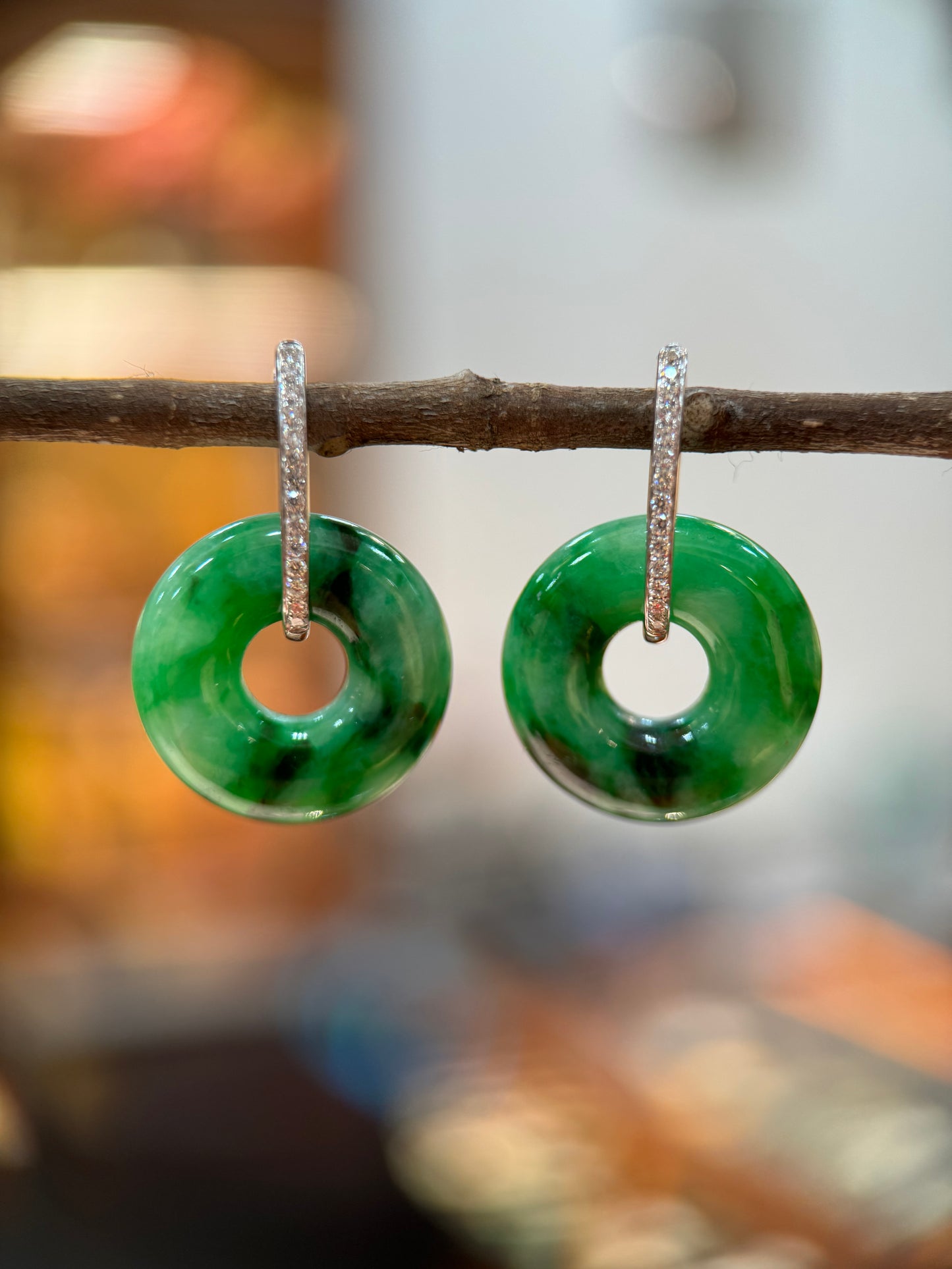 Dark Green Donut Shape Jade Earring (E308）