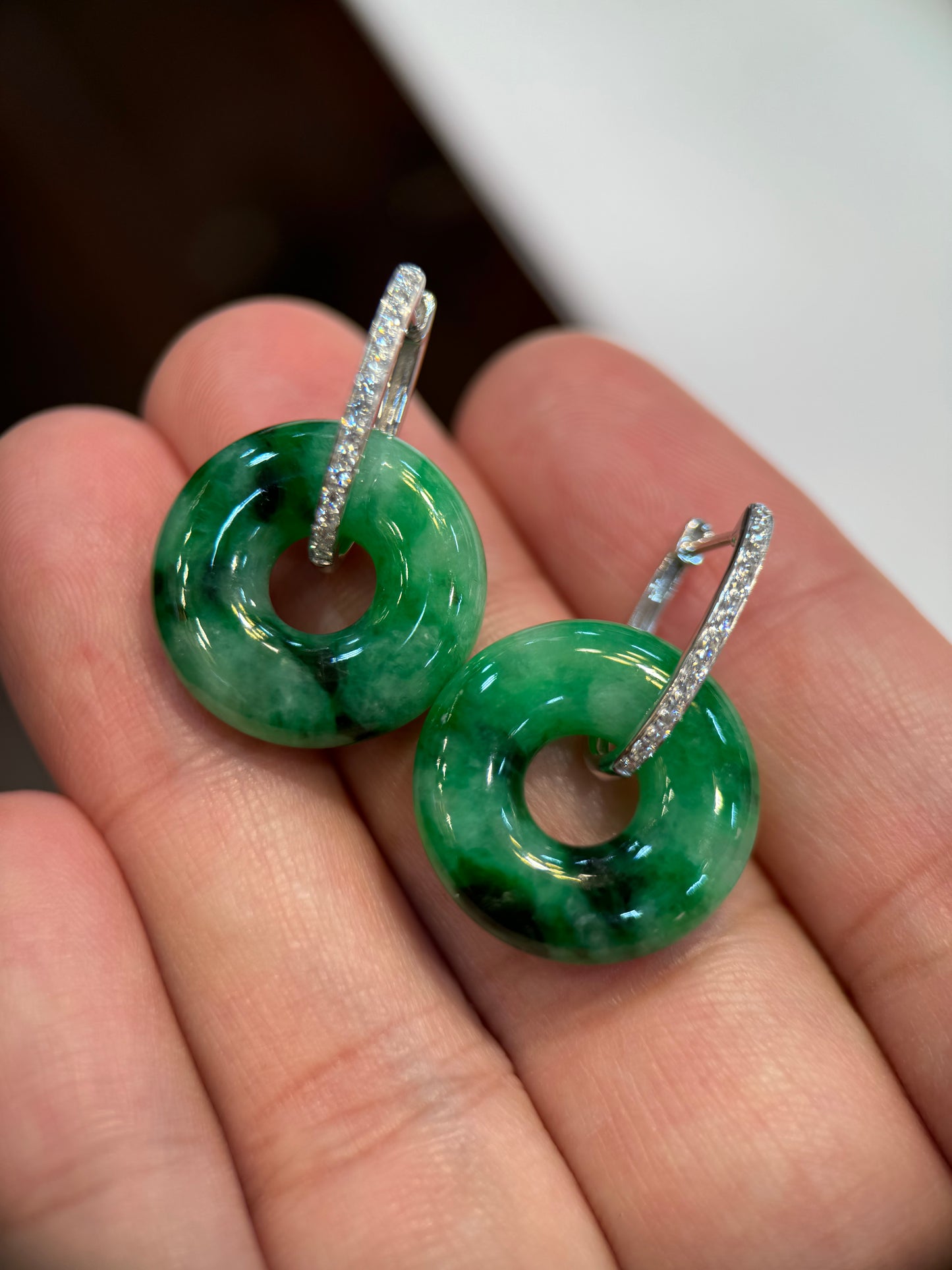 Dark Green Donut Shape Jade Earring (E308）