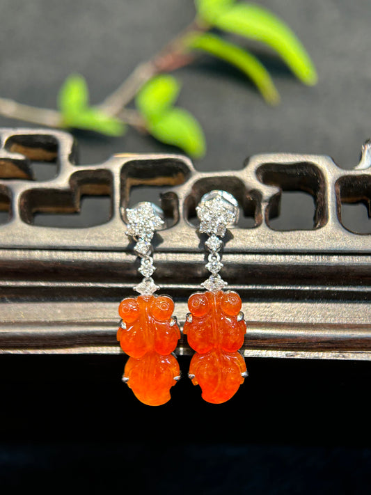 Highly Translucent Red Jade Goldfish Earring (E317)