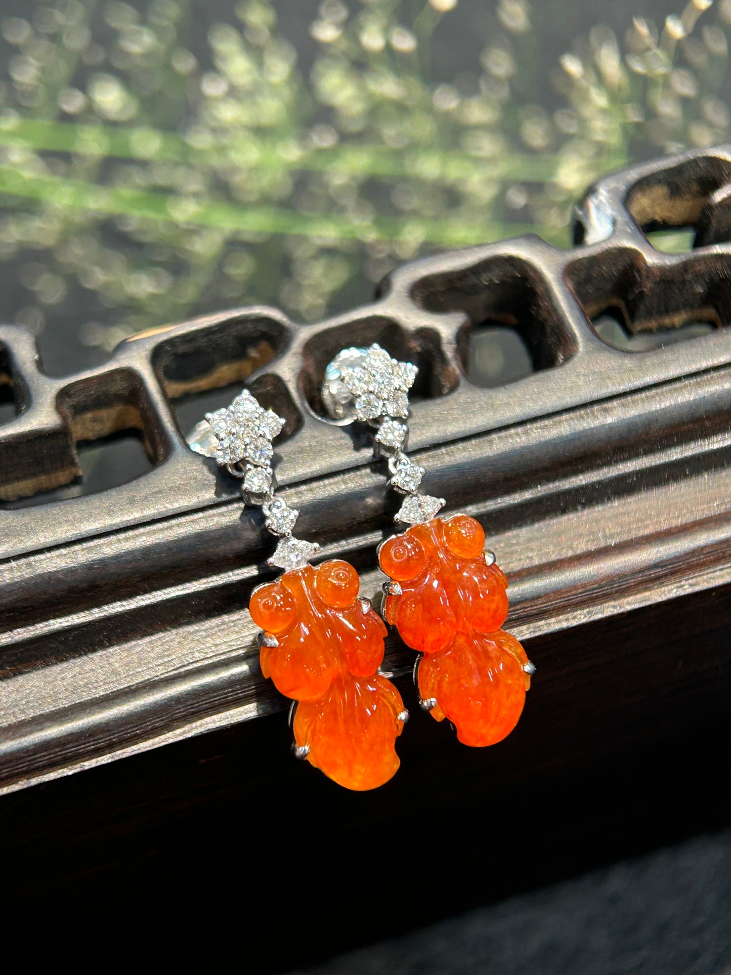 Highly Translucent Red Jade Goldfish Earring (E317)